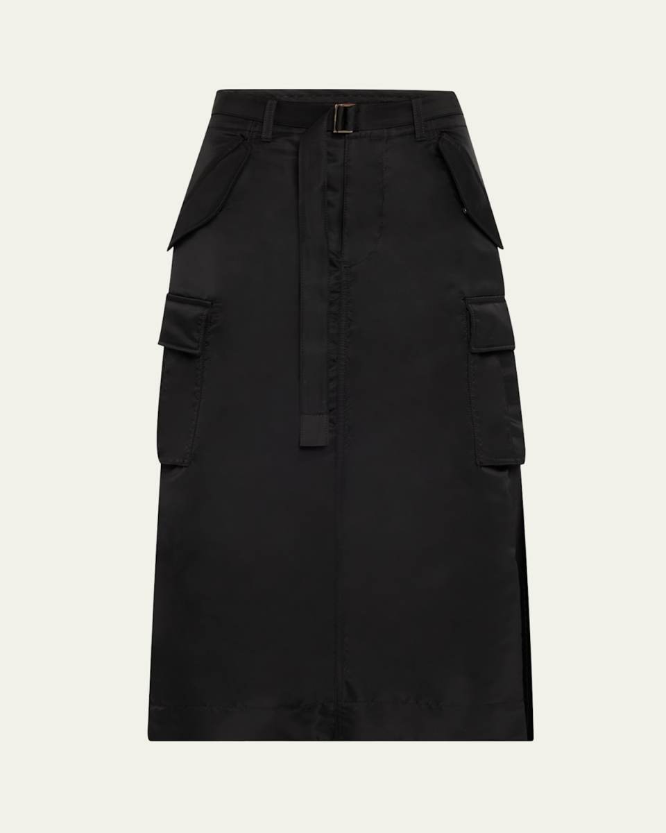 Nylon-Twill Pleated Back Midi Skirt